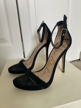 Sam Edelman Black Suede Ankle-Strap Stilettos with Gold Buckle